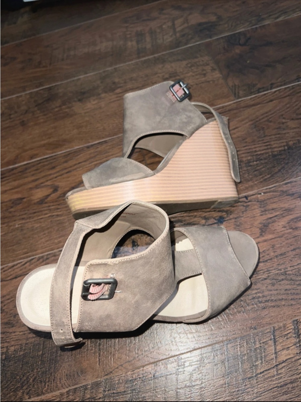 Maurices Taupe Suede Wedge Sandals with Ankle Buckle